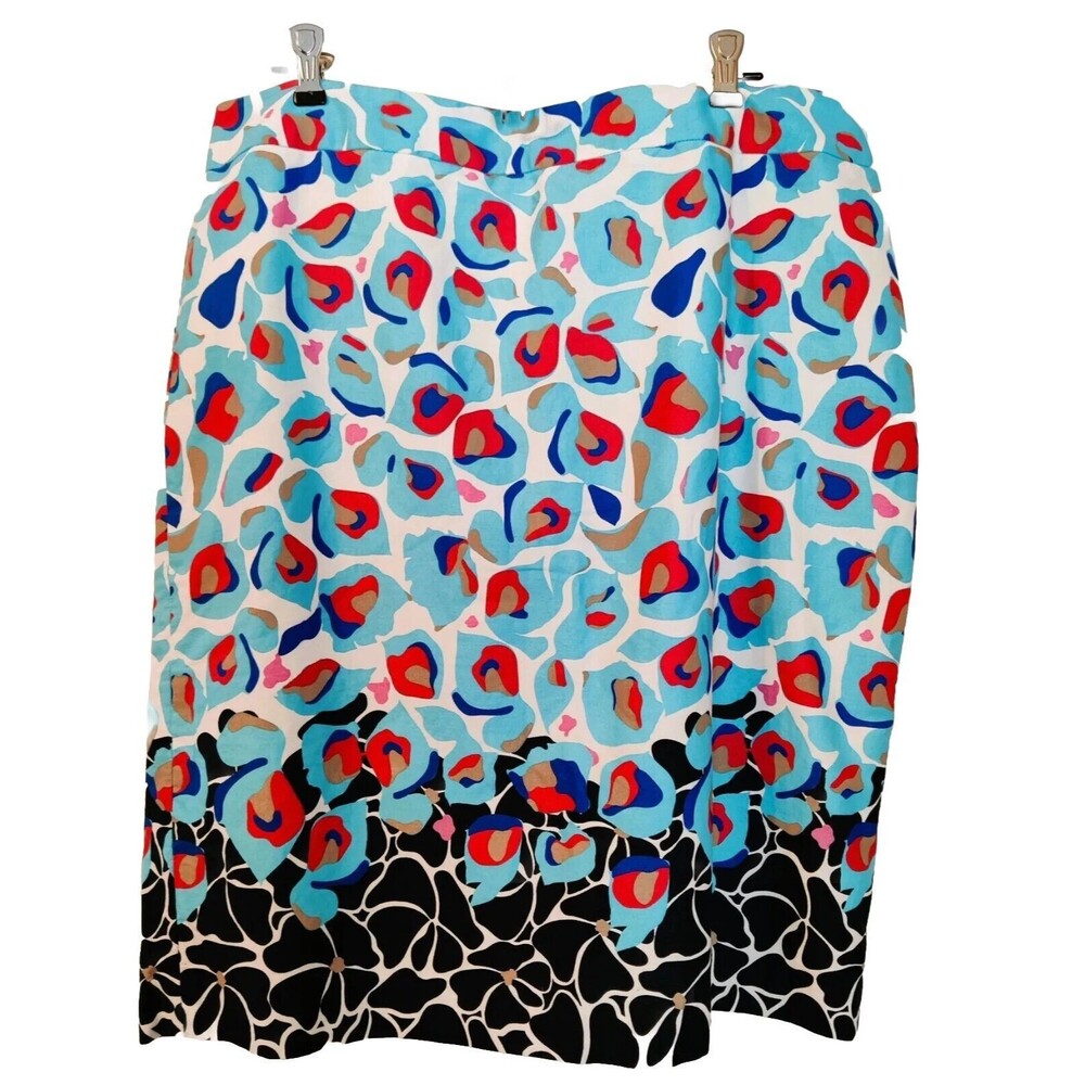 Ann Taylor skirt women 16 petite blue white orange black pattern lined stretch